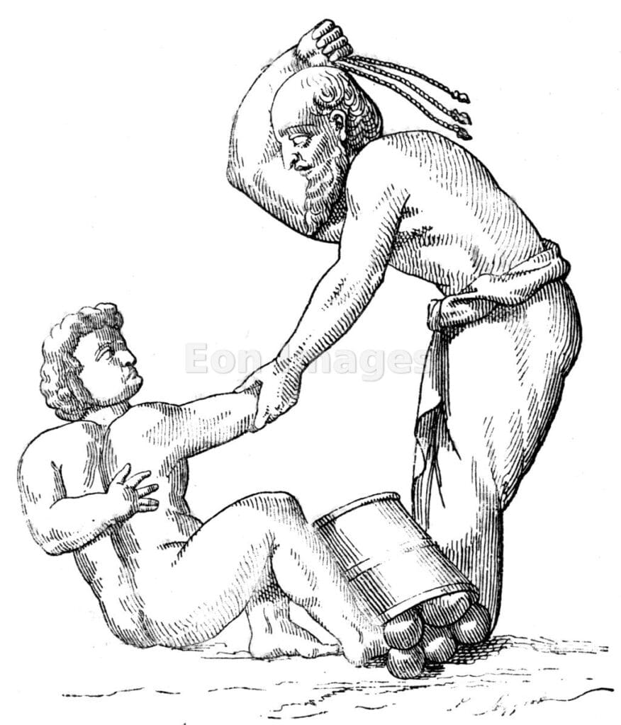 A slave under the scourge. From a bronze pot found at Pompeii. Here the lorarius is using the flagellum, formed of twisted cords, which was said to inflict more painful wounds than the flagram.